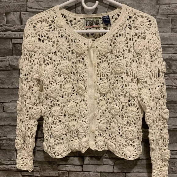 Vintage Jackets & Blazers - Vintage Forenza Crochet Ivory Cardigan